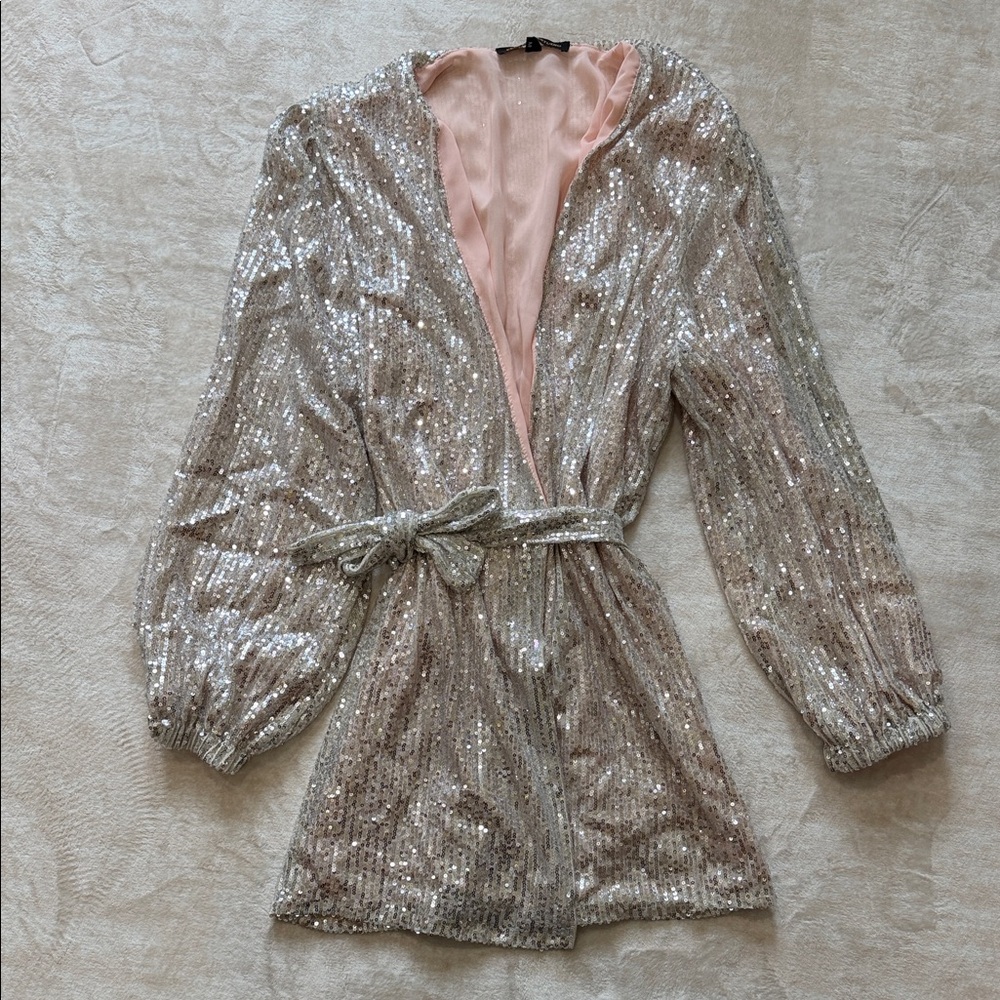 Sequin Silver Mini Dress with Pink Lining and Waist Tie